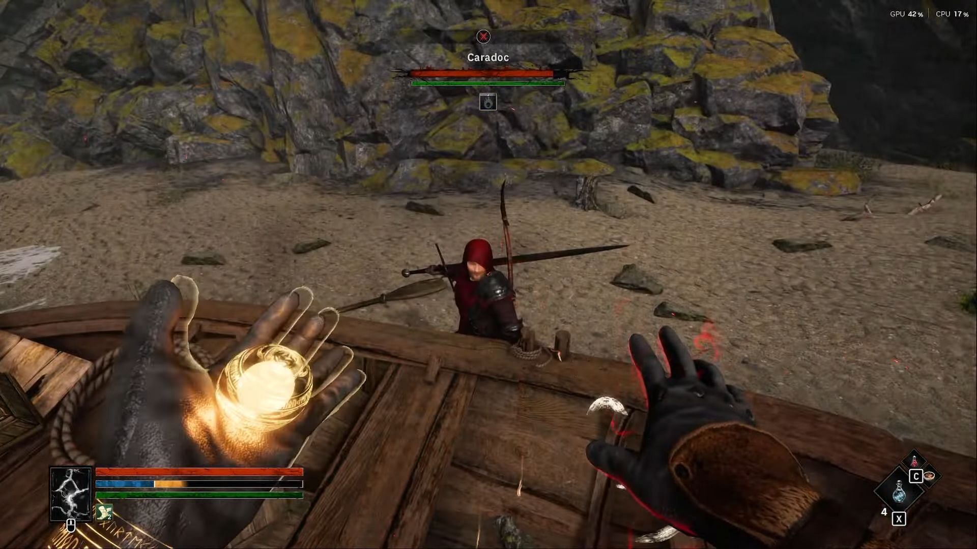 Killing Caradoc on the beach in Tainted Grail: The Fall of Avalon (Image via Awaken Realms || YouTube/@ConCon)